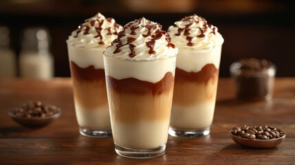 Three iced coffee drinks topped with whipped cream and chocolate sauce