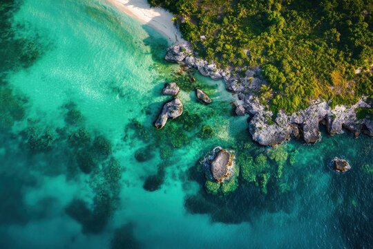 Exploring the breathtaking Tulum to Punta Allen coastal landscape in Mexico, Vertical Aerial view of the Tulum to Punta Allen in Sian Ka'an Reserve, Tulum, Mexican Caribbean