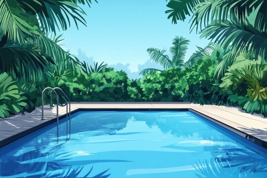 Relaxing tropical resort with serene swimming pool surrounded by lush greenery, swimming pool in tropical resort, seamless Photo background, cartoon anime style