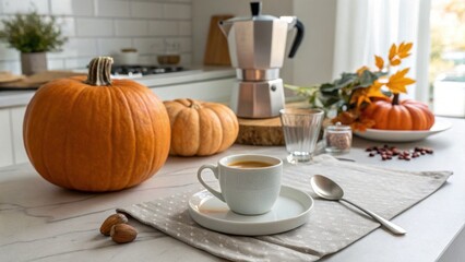 Cozy table setting with pumpkins and coffee in a bright kitchen  