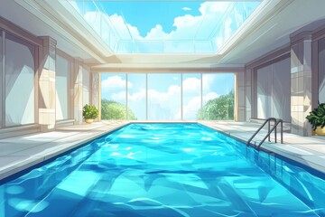 Obraz premium Elegant indoor swimming pool design featuring large windows and bright blue water in a modern space, swimming pool building concept, seamless Photo background, cartoon anime style