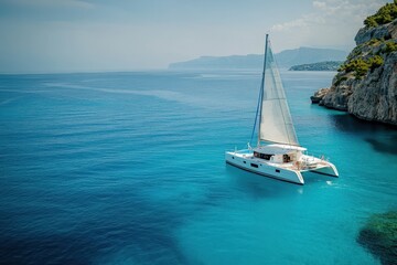 Experience serene sailing in the turquoise waters of the Mediterranean Sea in Greece, Turquoise sea water of Mediterranean sea in Greece White catamaran recreation