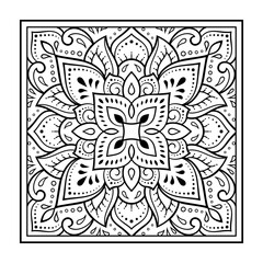 Decorative pattern of flowers and paisley for printing on fabric. Ornament for a bandana, a silk neckerchief, a tablecloth or a kerchief. Square sketch in tribal or oriental style.
