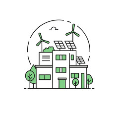 Sustainable Urban Living: Green Cityscape with Renewable Energy Illustration Featuring Solar Panels and Wind Turbines for Eco-Friendly Architecture