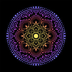 Color circular pattern in form of mandala with flower for decoration or print. Decorative ornament in ethnic oriental style. Rainbow design on black background.