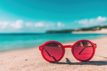 Enjoying summer vibes with red sunglasses under the bright sun at the beach, red sunglasses on beach with summer vacation background