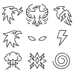 Black and White Thunderbird Myth Power Icons – Outline Vector Set of Lightning and Spirit Symbols