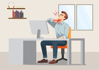 Obraz premium Illustration of a man sitting holding his neck, indicating pain in his cervical spine.