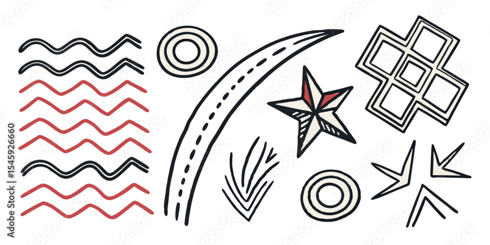Poster assorted graphic elements featuring wavy lines circles star and geometric shapes in a dynamic layout