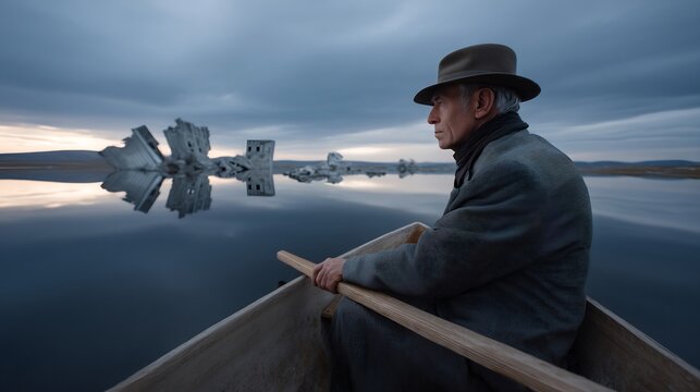A man in a rowboat gazes at ruined buildings reflected in the calm water.