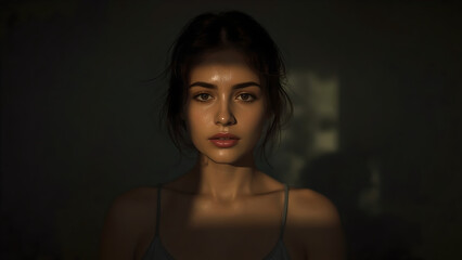 Naklejka premium Dramatic Close Up Portrait of a Young Woman with Wet Skin and Hair