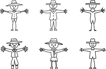 Set of Cute Scarecrow Line Art Characters – Farm Harvest Vector Collection