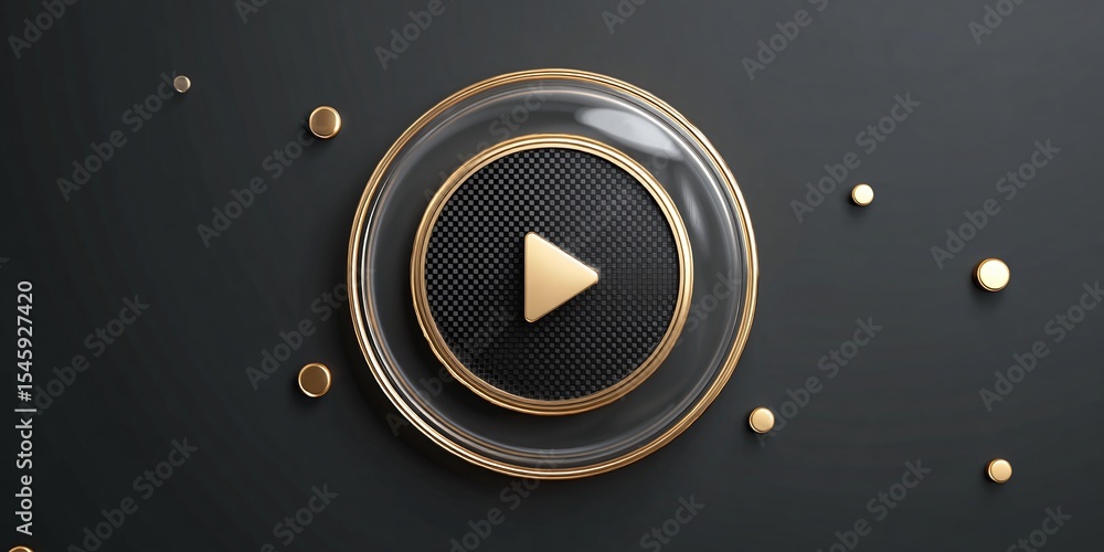 Aufkleber modern play button with golden details, embedded in a black background with matching round decoratio