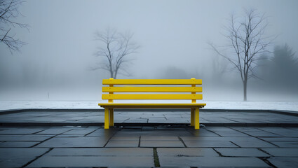 Yellow Bench in Foggy Winter Landscape
