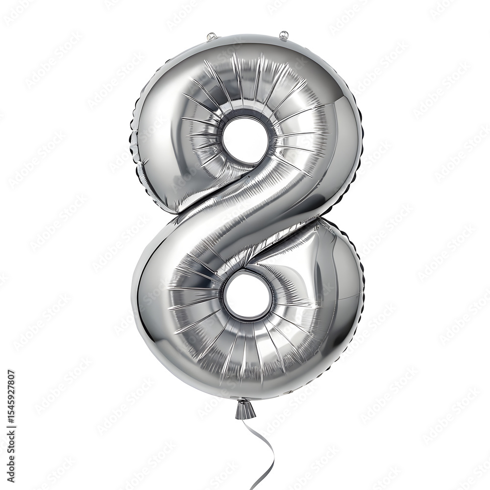 Fototapete a balloon shaped like the number 8 ,silver metallic finish with realistic reflections and smooth tex