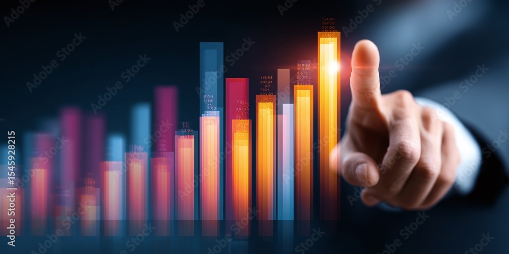 Poster business growth visualized through colorful bar graph. hand interacts with the data, representing an