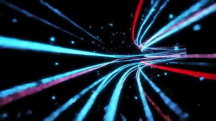 Abstract high-speed data flow through a futuristic cyber tunnel, featuring vibrant blue and red light streams and glowing particles. - Powered by Adobe