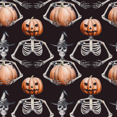 Seamless pattern with skeletons and pumpkins, Jack's head. Halloween pattern. Skeleton in a witch's hat holds a pumpkin. Watercolor illustration on a dark background. Hand drawn.