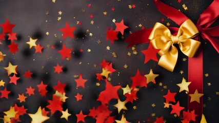 The glittery yellow and burgundy bow and sparkling yellow and red stars create a festive atmosphere, perfect for holiday decor and special occasions. - Powered by Adobe