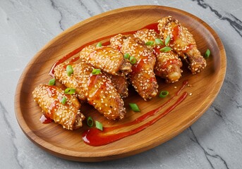 Roasted chicken wings with sesame seeds, sweet chili sauce, and green onions on wooden plate, delicious and spicy food concept