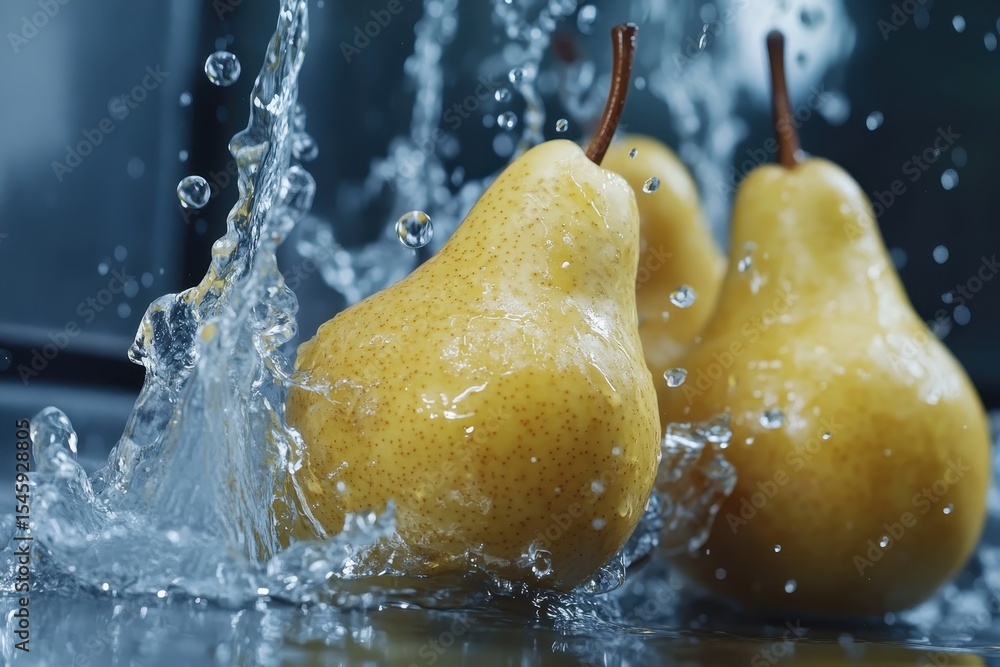 Aufkleber pears create splashing patterns as they fall into water in ultra slow motion capture, pears falling 