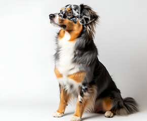 Cute black and white Border Collie puppy and an Australian Shepherd dog portrait on white background