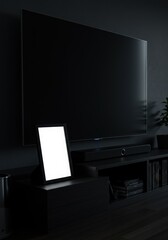 Modern dark living room with a vertical frame mockup next to a TV