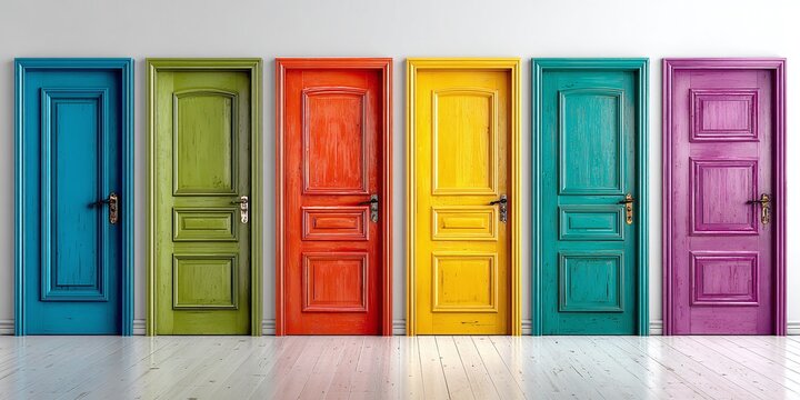 Colorful Doors: A row of six vibrant doors in blue, green, red, yellow, teal, and purple against a white wall, offering a variety of choices and design.