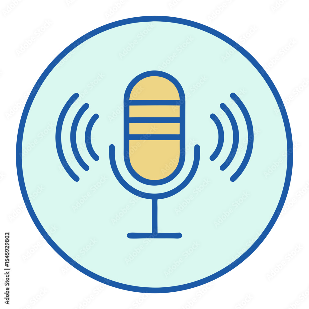 Poster microphone with sound waves inside a circle with a blue border on a light background tone