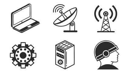 Collection of technology related icons including a laptop, antenna, tower, gear, server and helmet