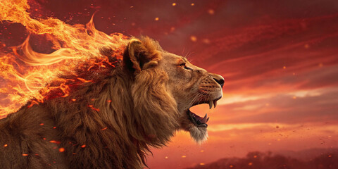 Naklejka premium Blazing Roar-Majestic Lion with Burning Mane