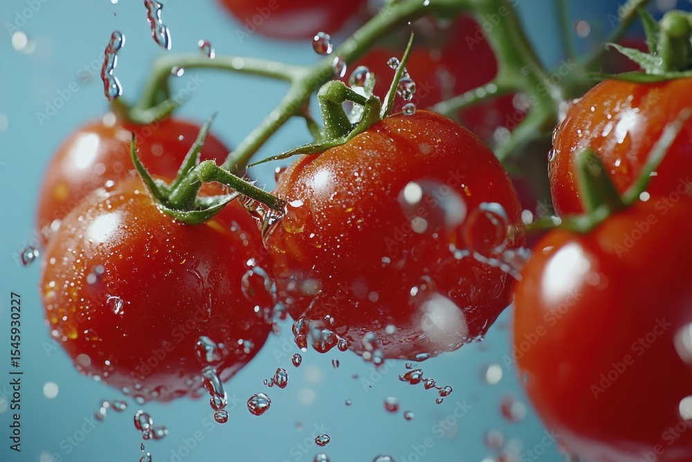 Poster tomatoes splashing into water creating ripples and droplets in a captivating slow motion display, to