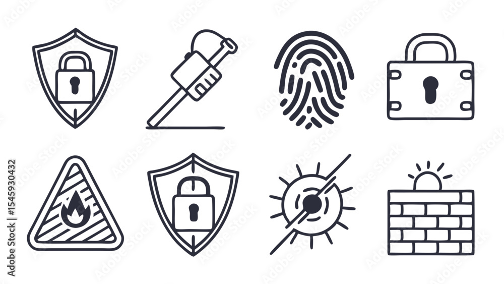 Poster collection of security themed graphical elements including locks shields and a fingerprint design