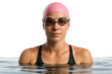 Female swimmer in pink swim cap resting in water, front portrait