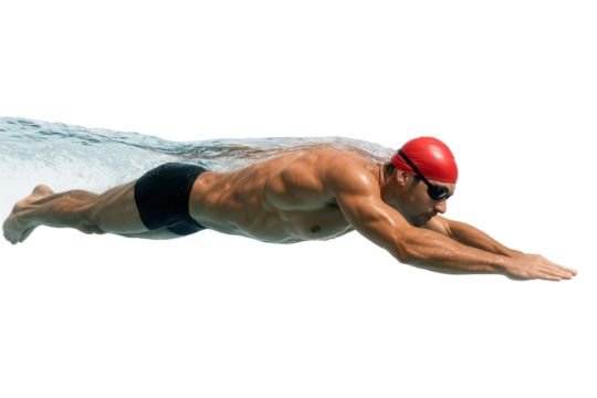 Streamlined male swimmer in red swim cap gliding underwater pose