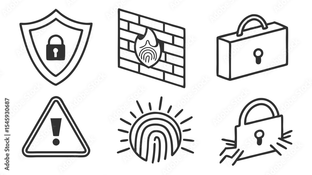 Poster collection of outline symbols representing security measures and data protection concepts in black a