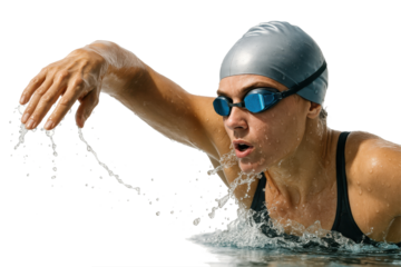  Female swimmer in silver cap lifting arm from water in freestyle stroke