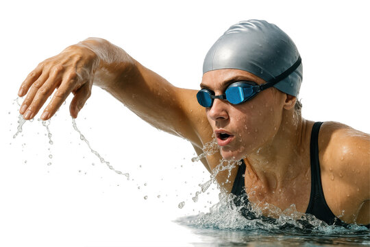  Female swimmer in silver cap lifting arm from water in freestyle stroke