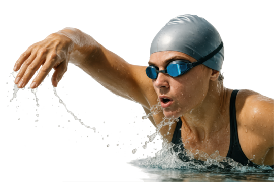  Female swimmer in silver cap lifting arm from water in freestyle stroke