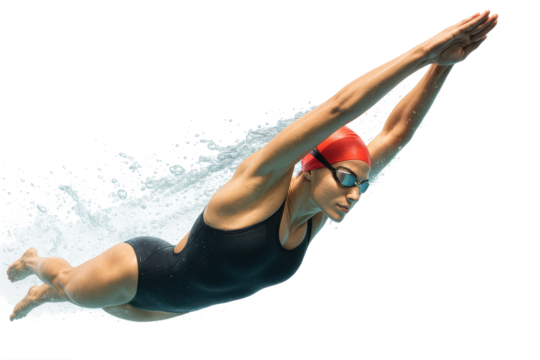 Underwater female swimmer in red swim cap diving in streamlined pose