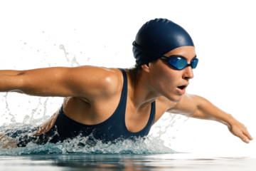 Focused female swimmer in blue cap mid-butterfly stroke motion