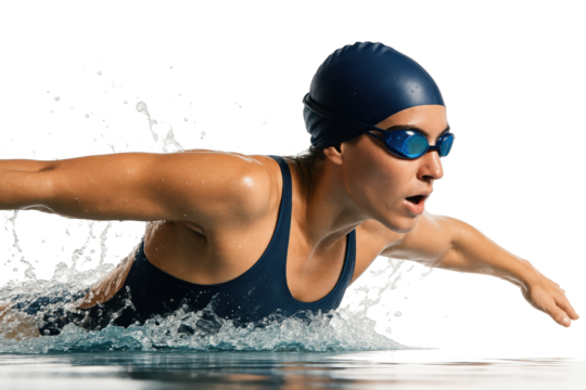 Focused female swimmer in blue cap mid-butterfly stroke motion