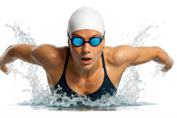 Focused female swimmer in white cap mid-butterfly stroke motion