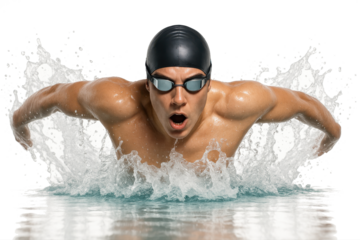  Male swimmer in black cap mid-butterfly stroke with large splash arc