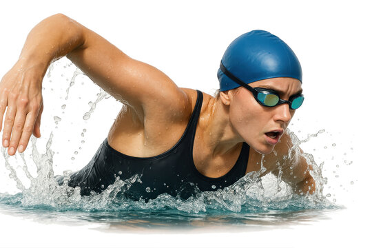 Female swimmer in black suit performing freestyle stroke in action