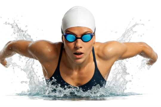 Focused female swimmer in white cap mid-butterfly stroke motion