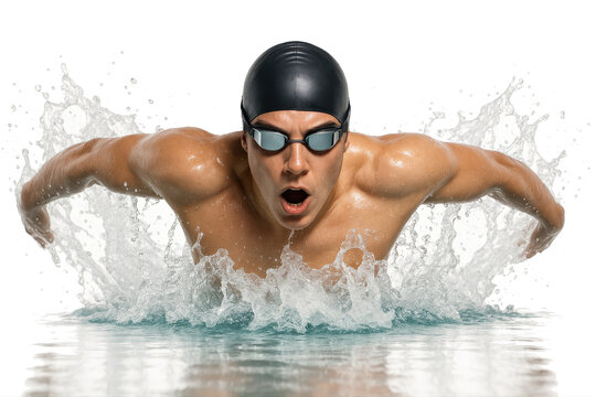  Male swimmer in black cap mid-butterfly stroke with large splash arc