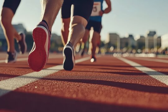 Competitive businessmen prepare to sprint on running track during a bright afternoon, Competitive businessmen at running track line up at starting line before race