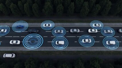 smart cars driving on the road, driverless vehicles, aerial top view from above - Powered by Adobe