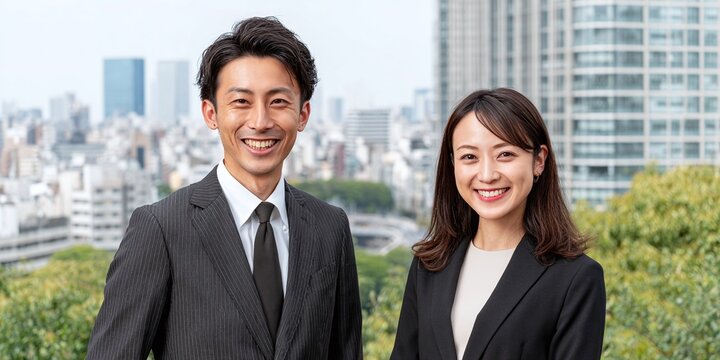 Smiling Professionals in Cityscape Setting: A businessman and businesswoman posing with a dynamic urban backdrop, exuding confidence and corporate appeal.
